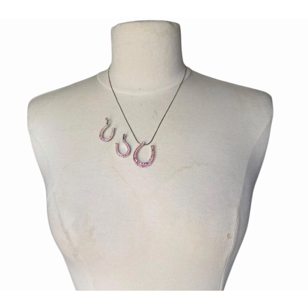 Pink Rhinestone Horseshoe Necklace And Dangle Earrings Western Cowgirl Set